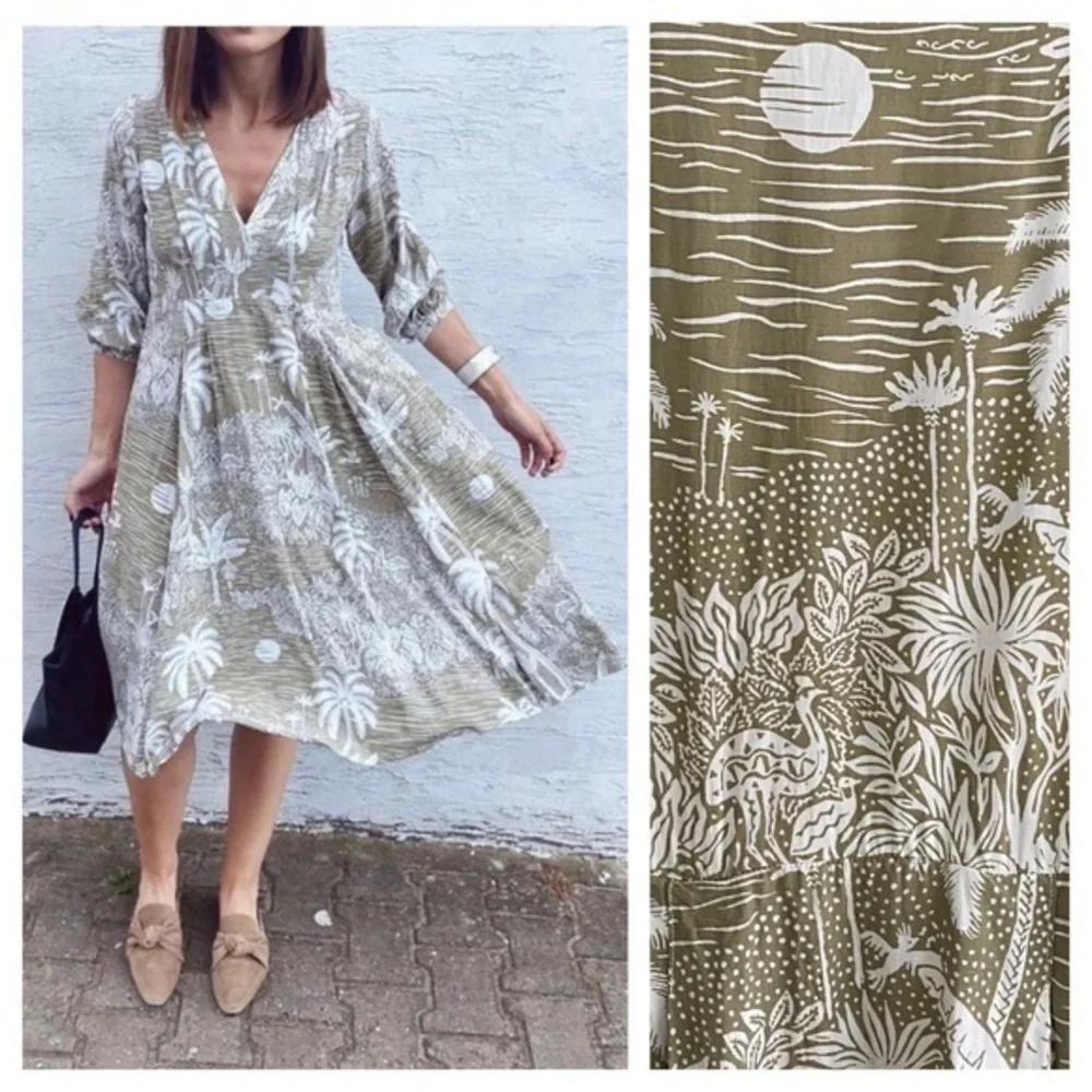 Desmond & Dempsey X H&M Green White Tropical Palm Print Linen Blend Midi Dress S - Picture 1 of 15